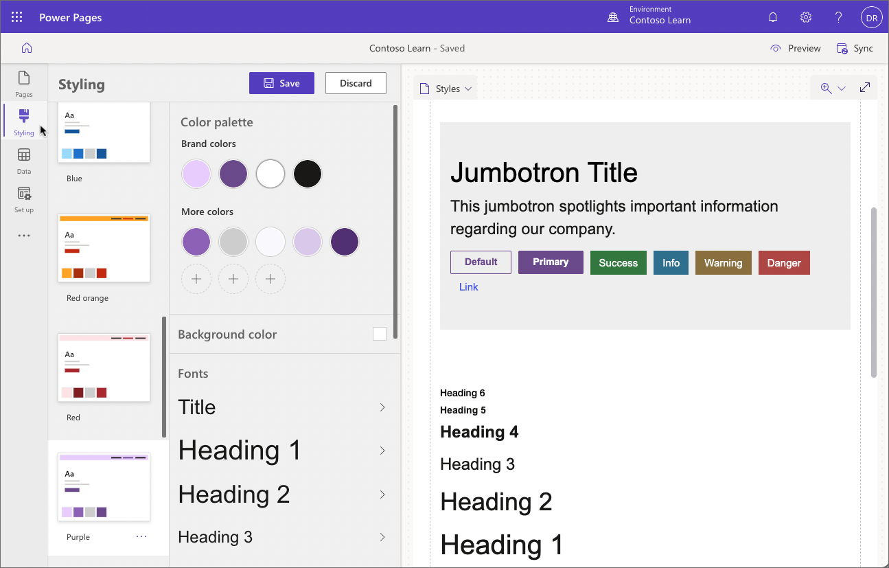 Captura de tela do uso do espaço de trabalho Estilo para selecionar e modificar um tema.