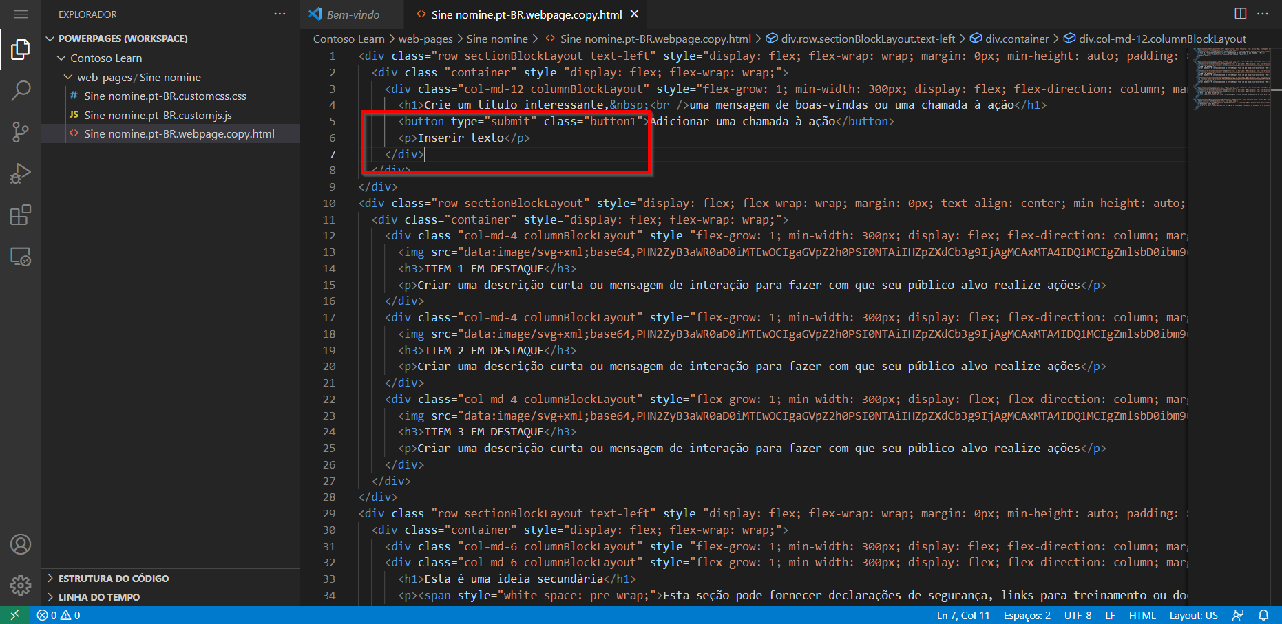 Captura de tela do conteúdo da página aberto no editor do Visual Studio Code para a Web com o parágrafo de texto realçado.