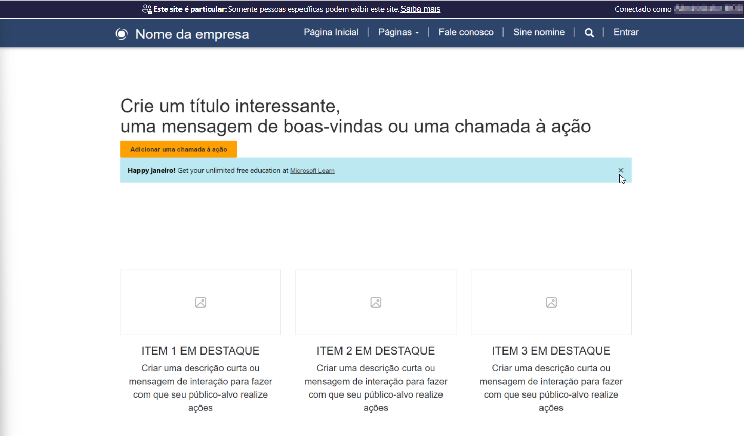 Captura de tela de uma página do Power Pages renderizando diversos conteúdos de inicialização.