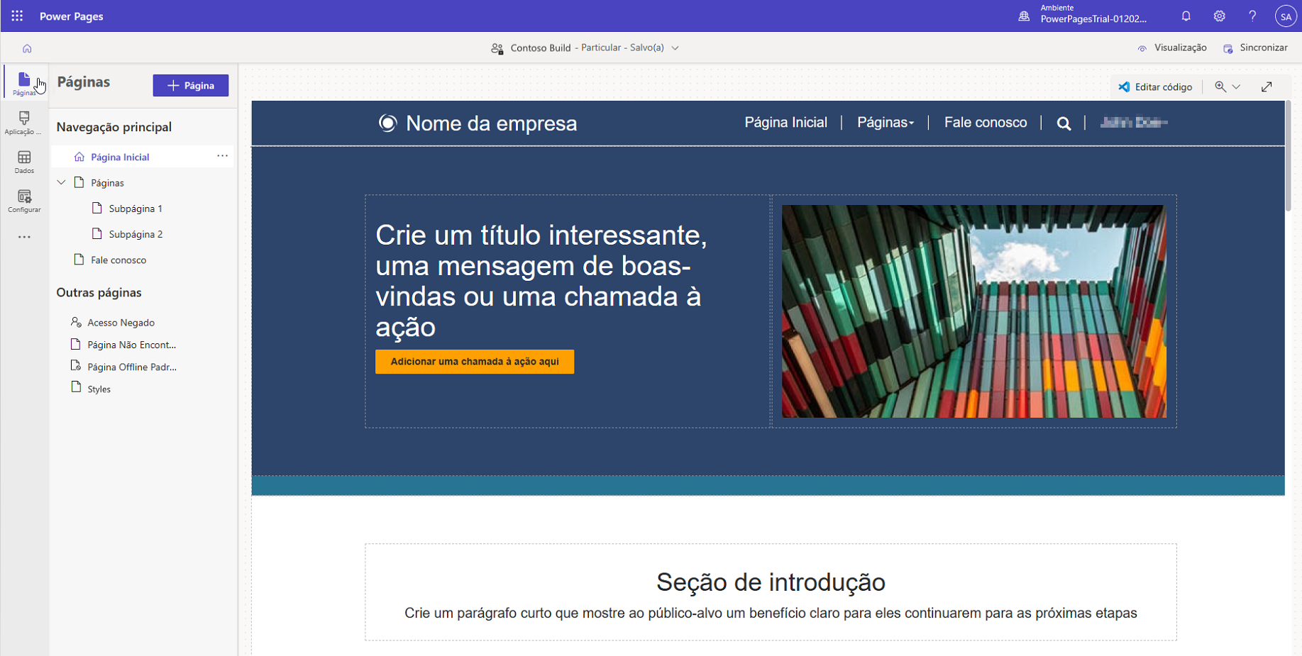 Captura de tela do estúdio de design do Power Pages com um site no modo de edição e o espaço de trabalho de Páginas selecionado.