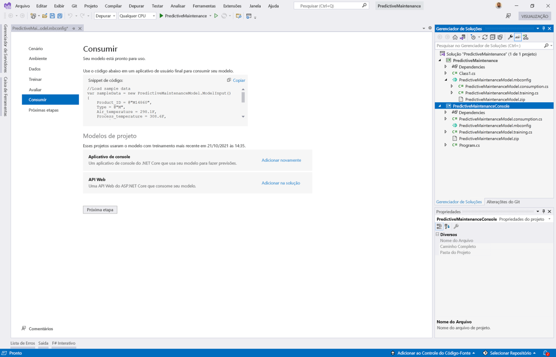 Captura de tela que mostra seleções para consumir um modelo de machine learning em um aplicativo de console do dot NET.