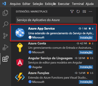 Captura de tela do Visual Studio Code mostrando a guia Extensões com a extensão Serviço de Aplicativo do Azure realçada nos resultados da pesquisa.