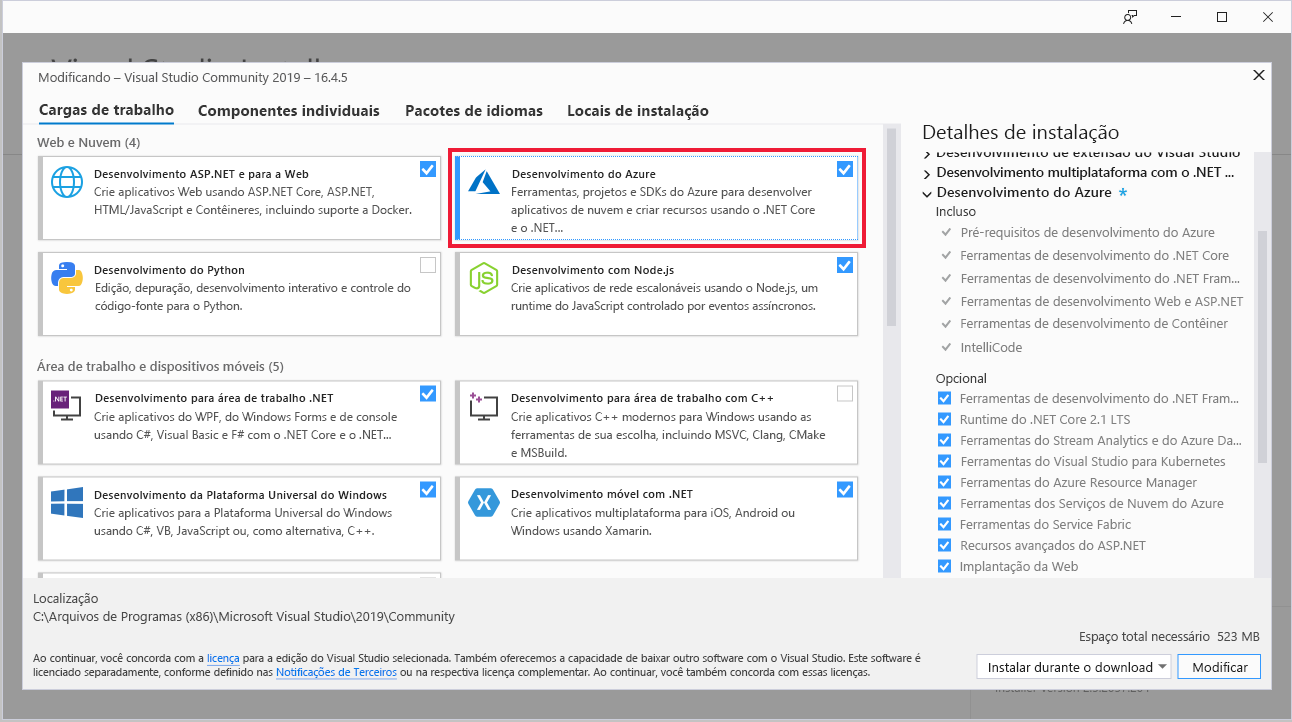 A captura de tela das cargas de trabalho do Instalador do Visual Studio com desenvolvimento do Azure realçado.