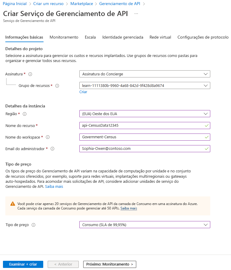 Captura de tela das configurações concluídas na guia Básico da tela Criar serviço de Gerenciamento de API.