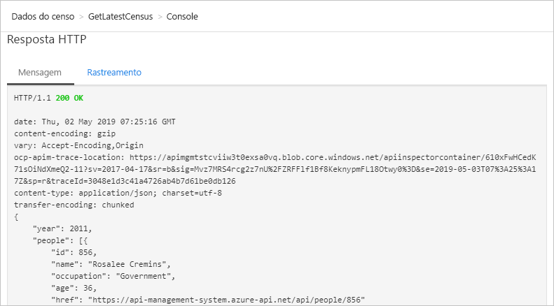 Captura de tela dos resultados do teste para a operação GetLatestCensus, mostrando os cabeçalhos removidos na Resposta.