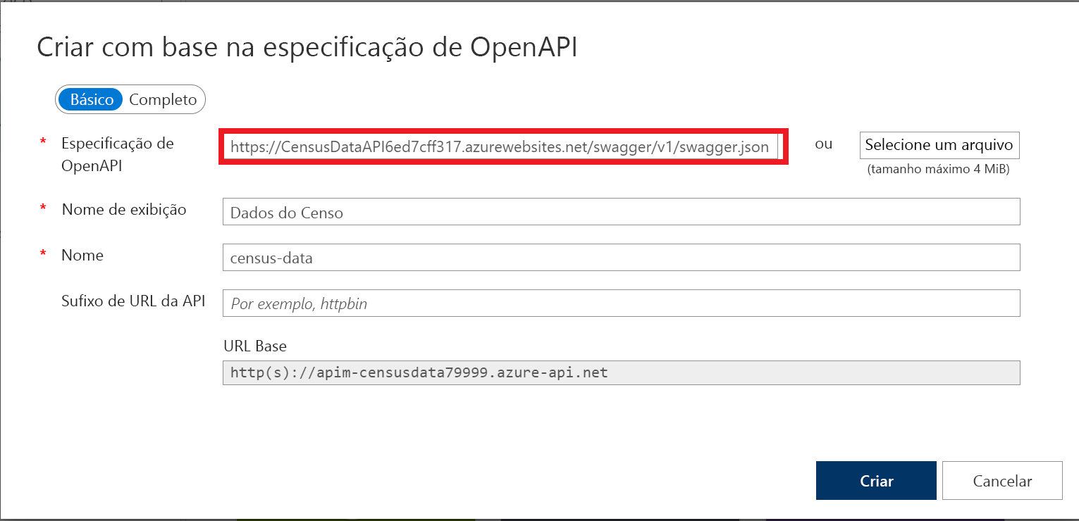 Captura de tela da caixa de diálogo Criar da especificação OpenAPI com a URL JSON Swagger inserida.