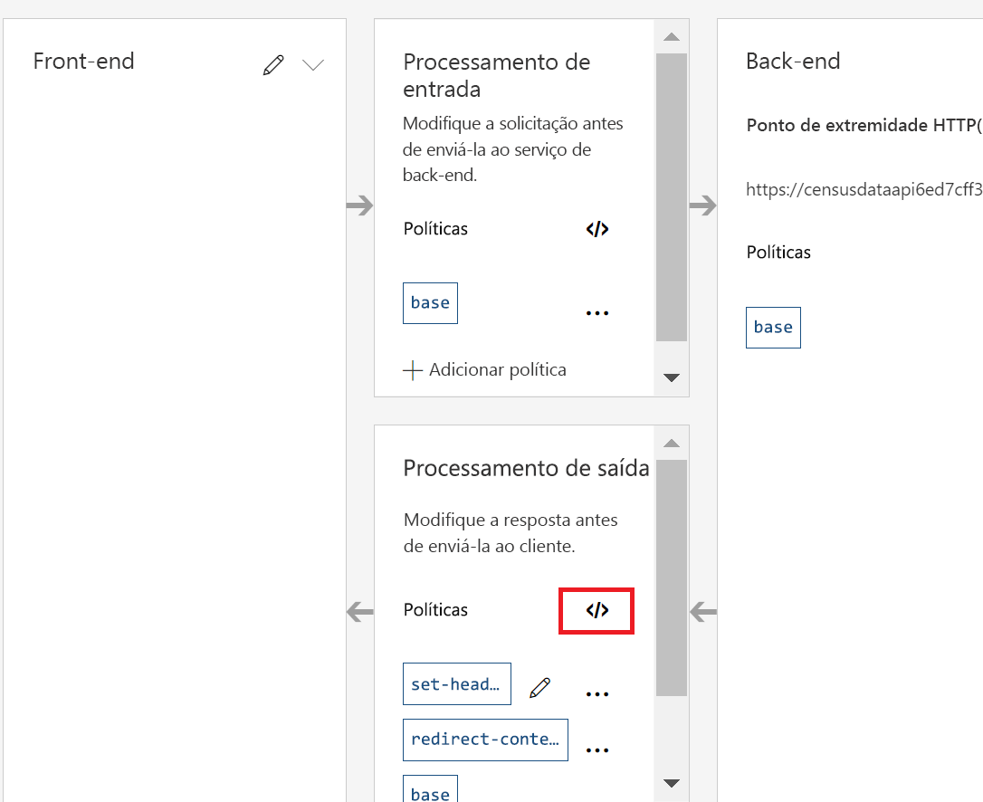 Captura de tela da guia Design com o ícone Políticas realçado na seção Processamento de saída.