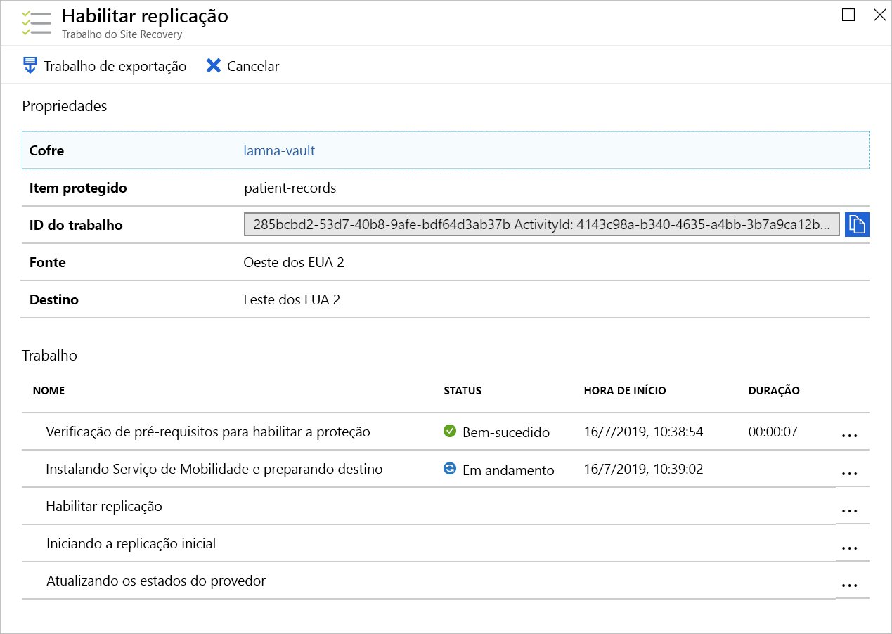 Screenshot of the Enable replication job's progress.