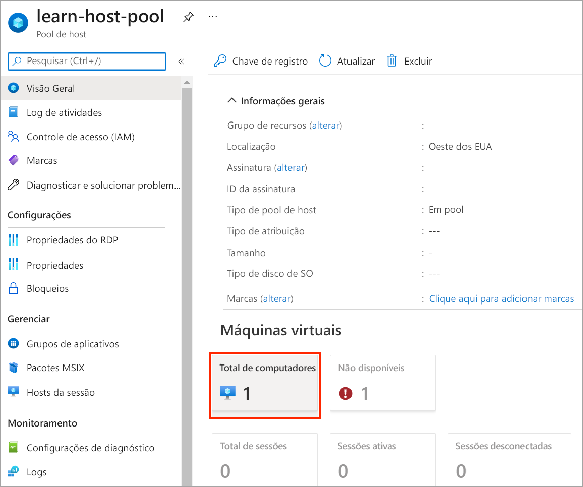 Screenshot that shows the host pool overview page with the total machines button in the center pane.