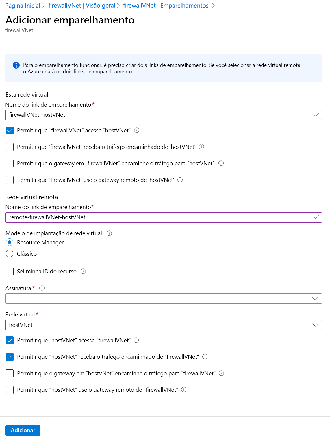 Captura de tela mostrando as informações a serem incluídas ao adicionar um emparelhamento.