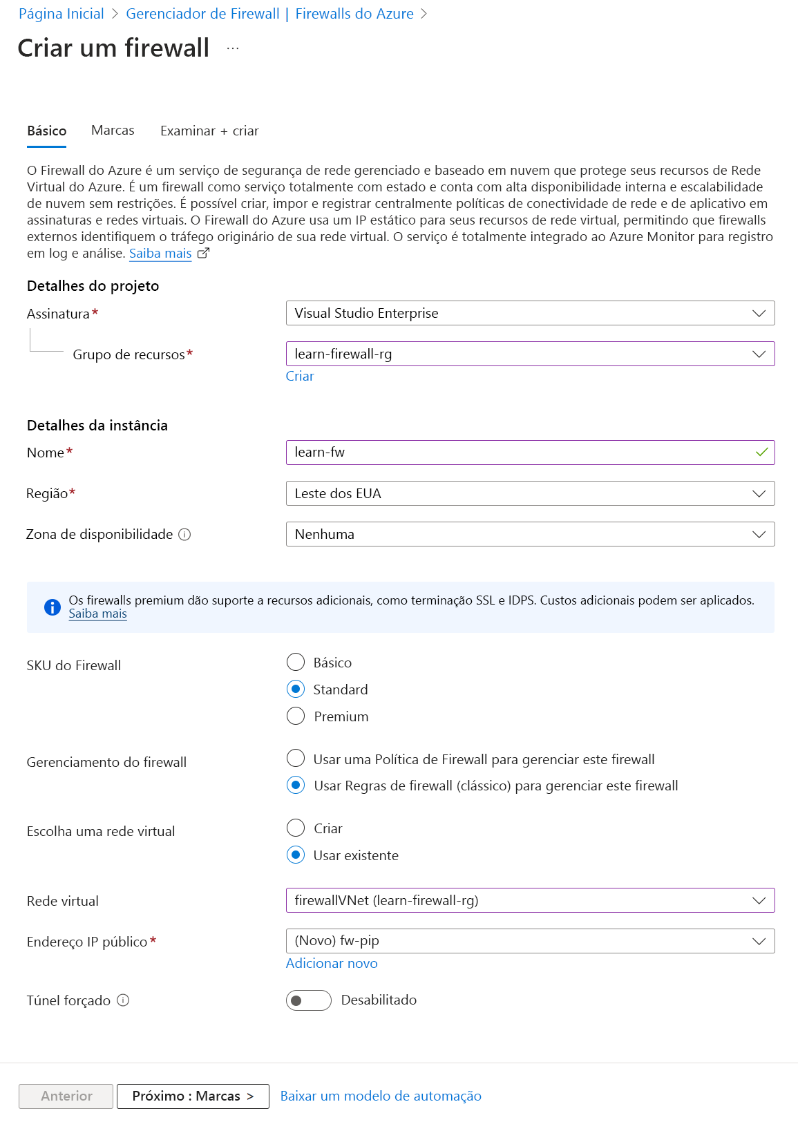 Captura de tela mostrando as informações a serem incluídas ao criar um firewall.