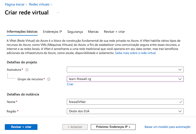 Captura de tela mostrando as informações a serem incluídas ao criar uma rede virtual.