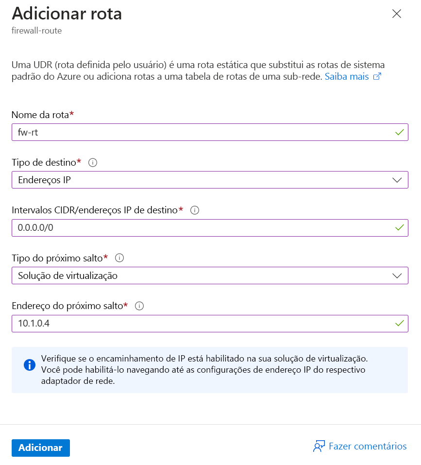 Screenshot that shows the information to include when adding a route.