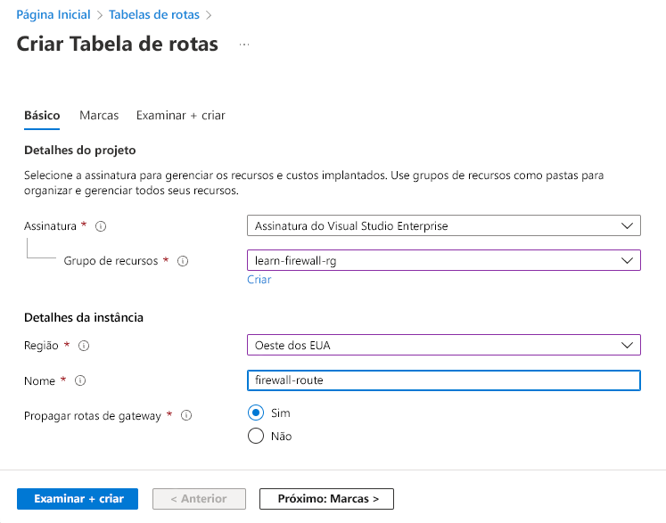 Screenshot that shows the information to include when creating a route table.