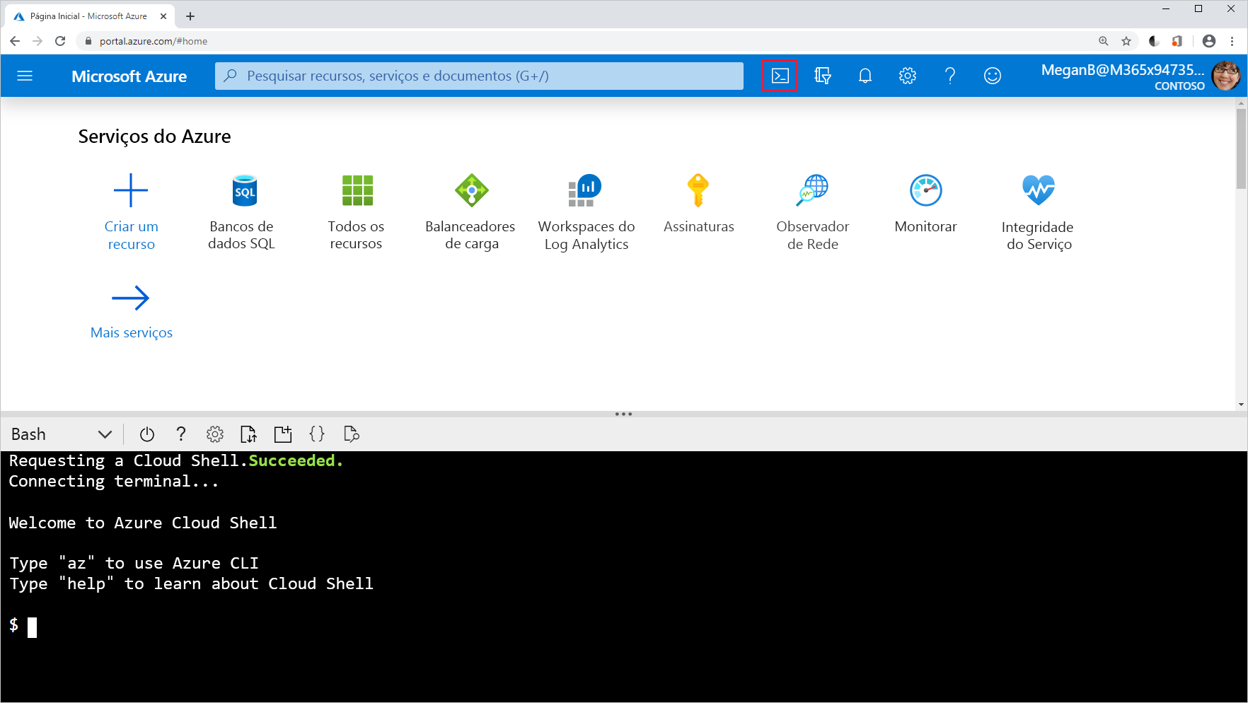 Captura de tela do ícone do Cloud Shell no portal do Azure.