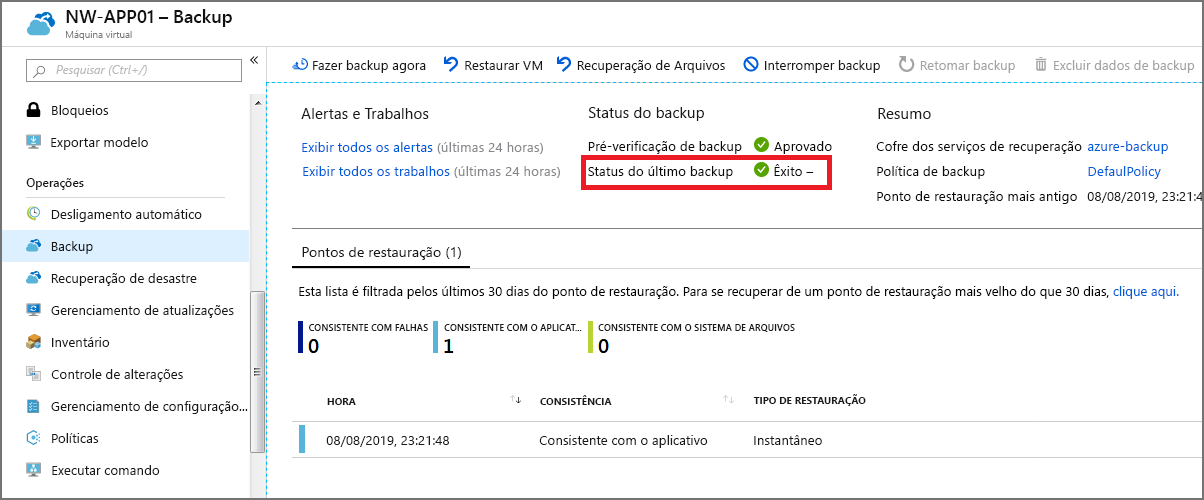 Captura de tela da página Backup após a configuração.