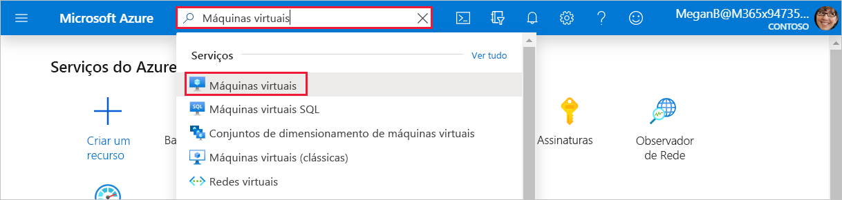 Captura de tela que mostra a pesquisa de máquinas virtuais.