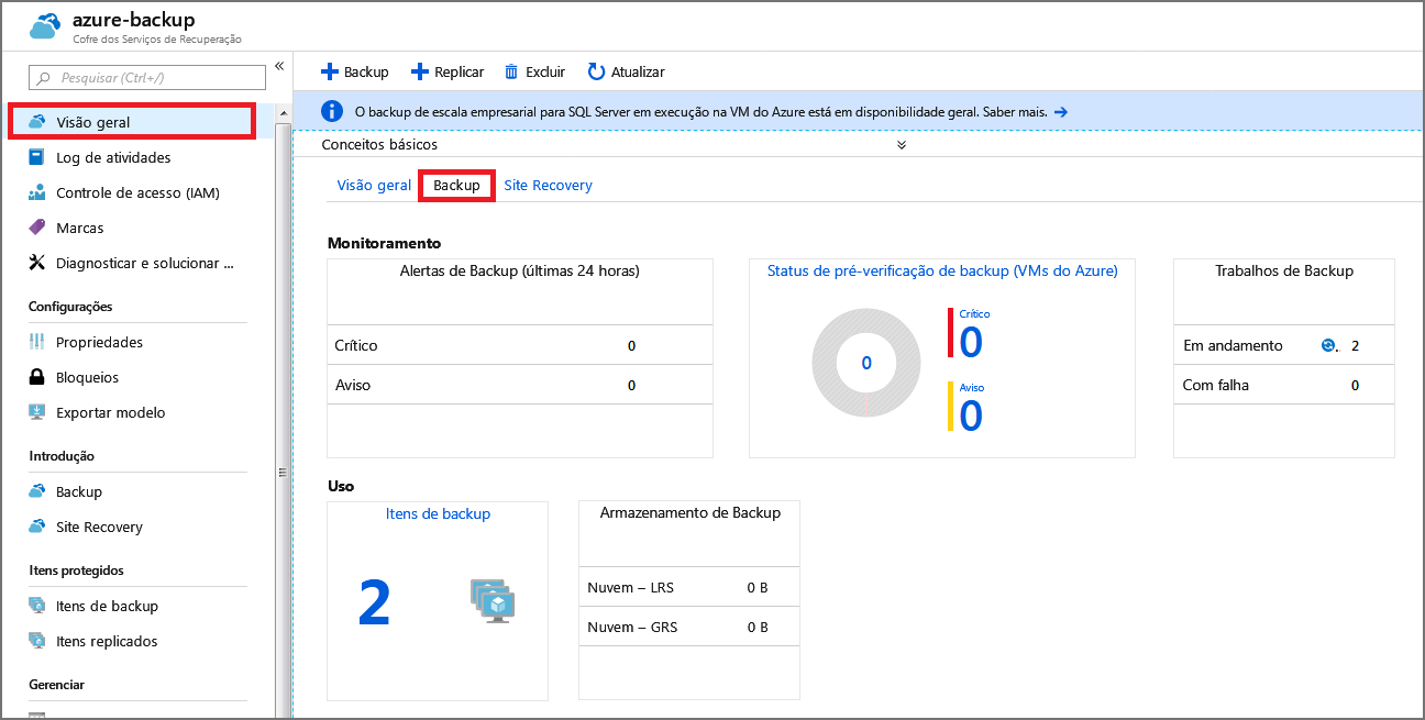 Captura de tela do painel Backup.