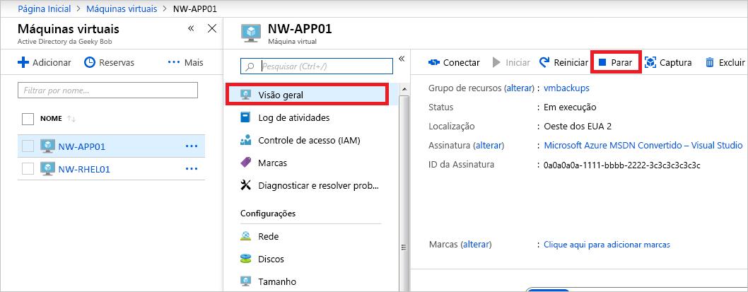 Captura de tela que mostra como parar a VM.