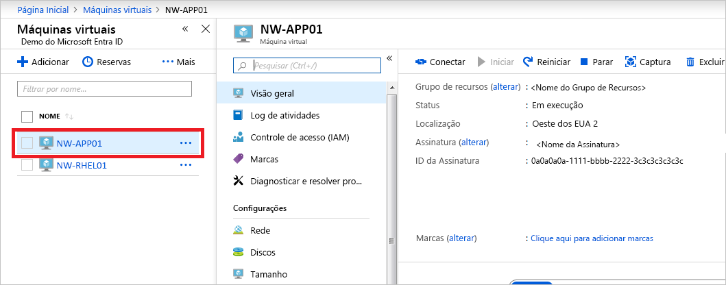 Captura de tela que mostra a página de visão geral da VM.