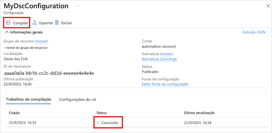 Captura de tela do portal do Azure mostrando o estado do trabalho de compilação para a configuração.