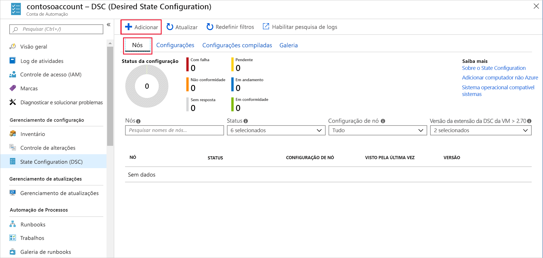 Captura de tela do portal do Azure mostrando o painel Nós.