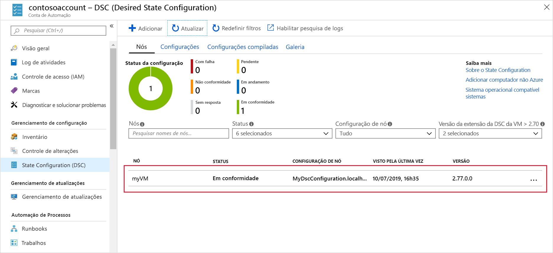 Captura de tela do portal do Azure mostrando o painel Nós com myVM registrada.