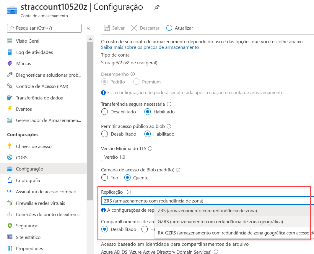 Screenshot of the storage account configuration, where you can change the replication type from ZRS to GZRS.