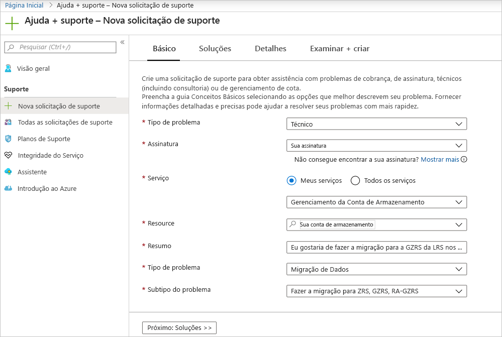 Screenshot of an example Azure support ticket where you can request the service: storage account management, problem type: data migration, and problem subtype: migrate to ZRS, GRS, or RA-GZRS.