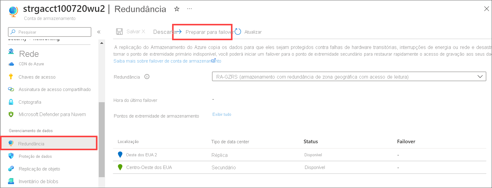 Screenshot of the Prepare for failover button on Storage account > Redundancy in the Azure portal.