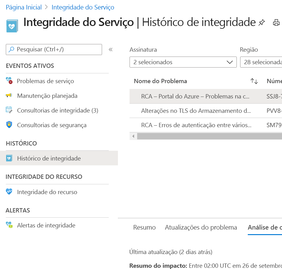 Screenshot of Azure Service Health > Health history that lists issues that impact your subscriptions.