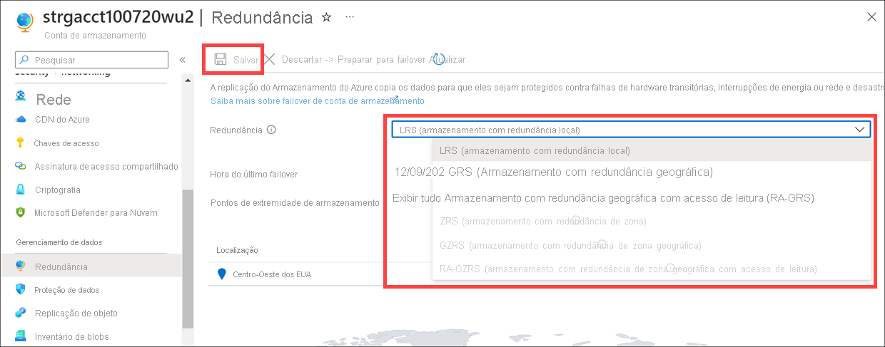 Screenshot of the geo-replication page, where you can change the replication from LRS to GRS.