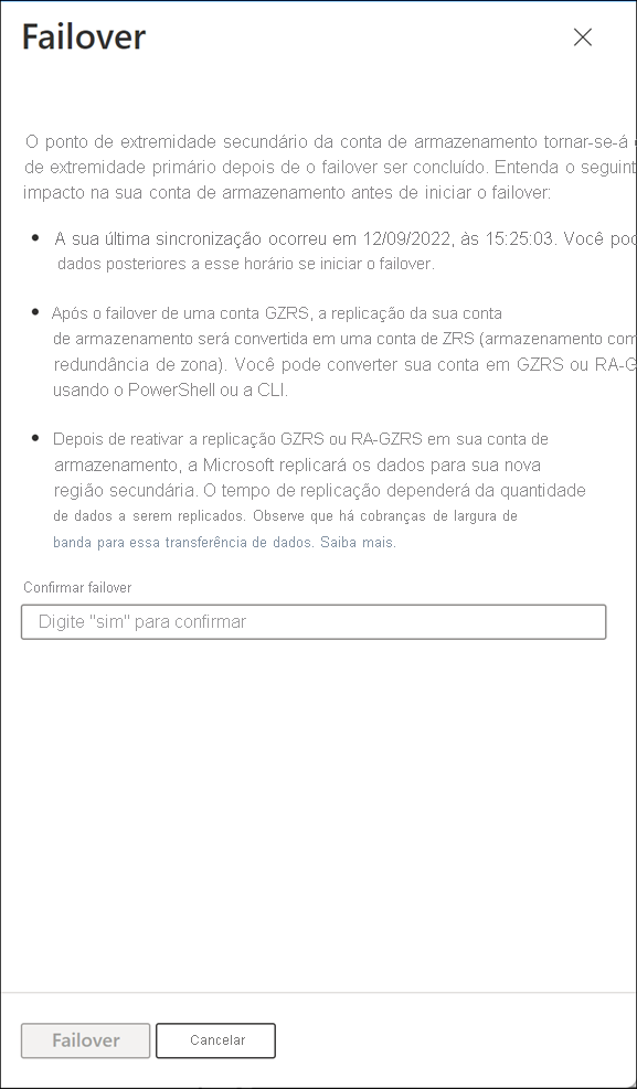 Screenshot that shows the last sync time and requests you confirm failover by entering yes.