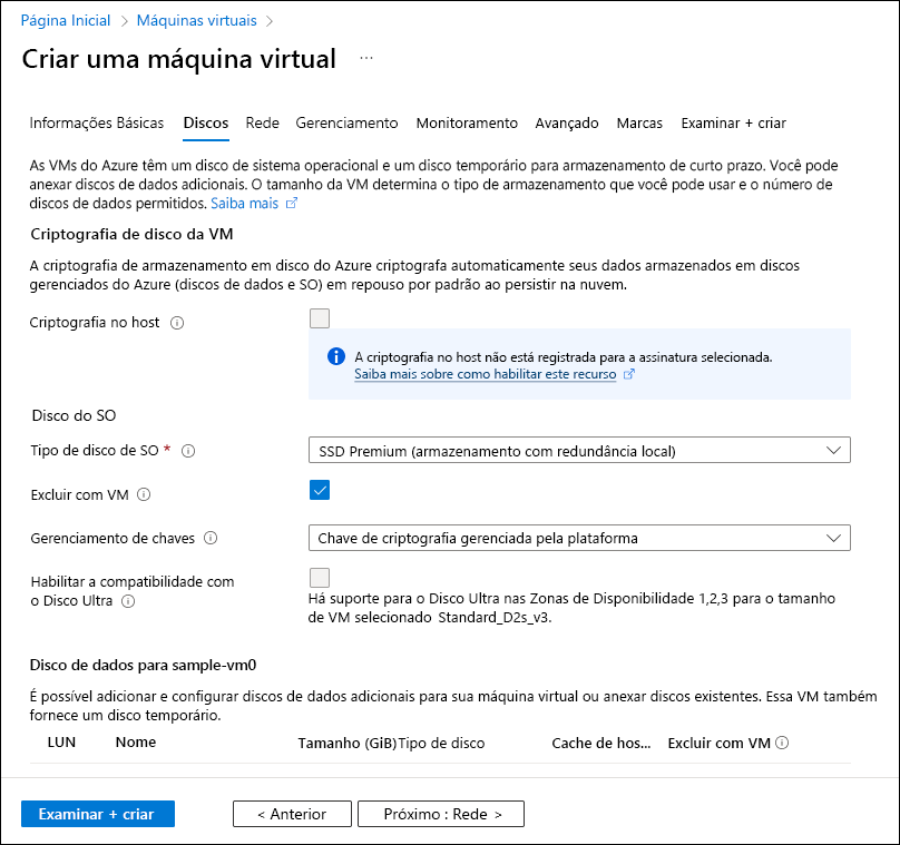 Captura de tela mostrando a guia Discos do assistente Criar uma máquina virtual.