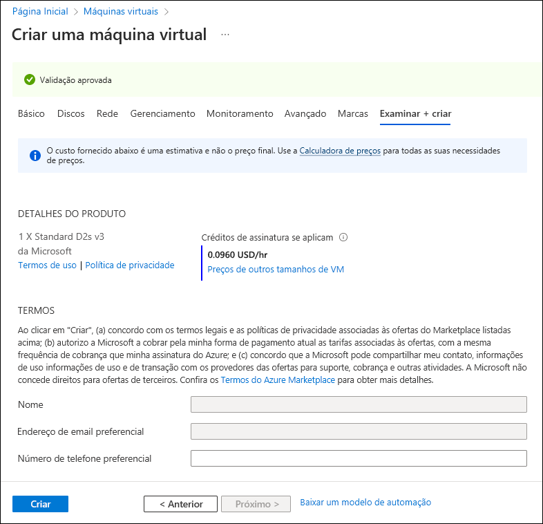 Captura de tela mostrando a guia Examinar + criar do assistente Criar uma máquina virtual.