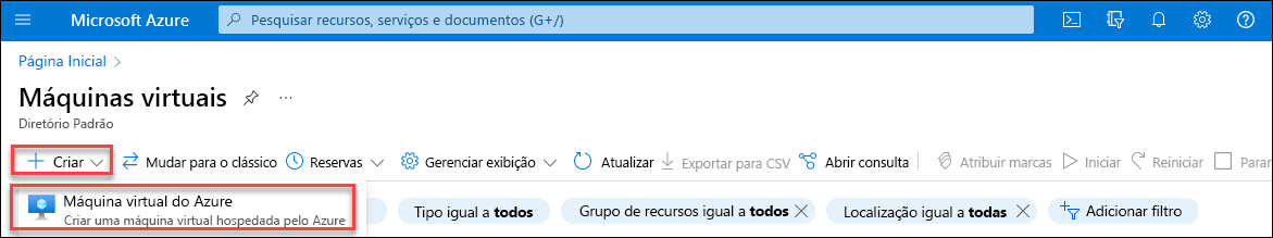 Captura de tela mostrando o menu Criar e a opção máquina virtual do Azure.