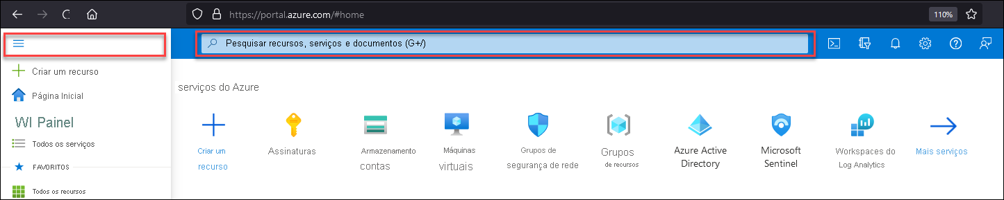 Captura de tela mostrando o menu do portal e a caixa de texto pesquisa global.