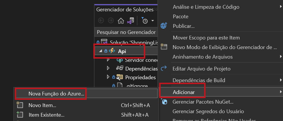 Uma captura de tela mostrando como criar o item de função do Azure.