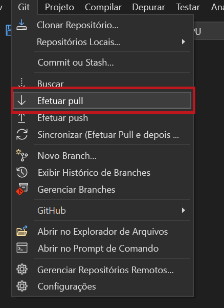 Captura de tela mostrando o local para efetuar pull de alterações do GitHub.