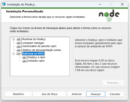 Captura de tela exibindo a instalação personalizada das opções do Node.js no assistente.