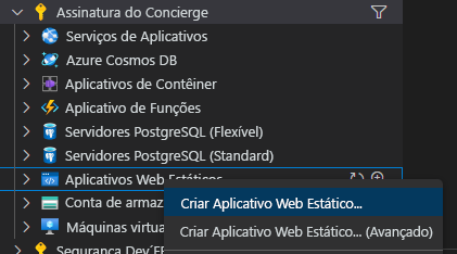 Captura de tela mostrando para onde ir para criar um aplicativo Web.