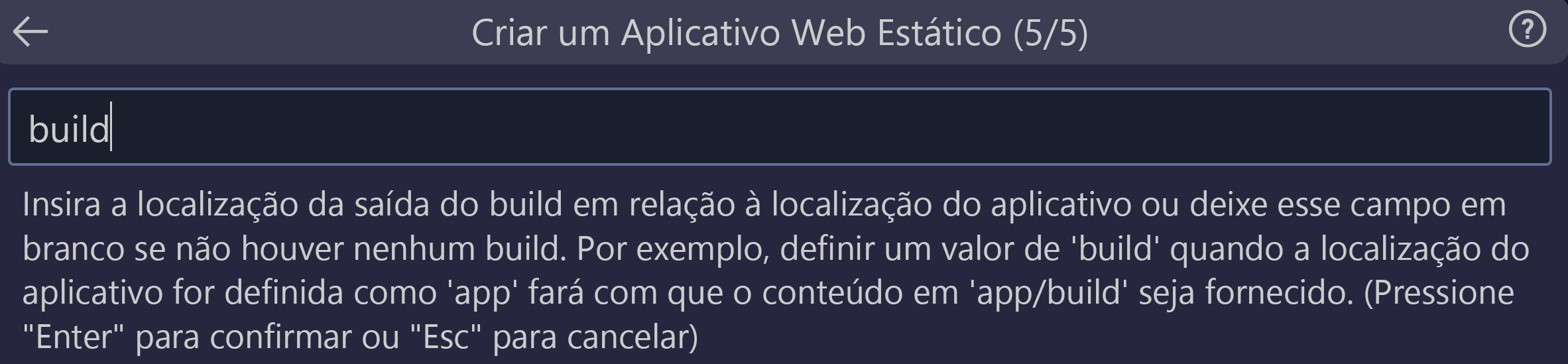 Captura de tela mostrando como inserir o local de saída do build para o React.