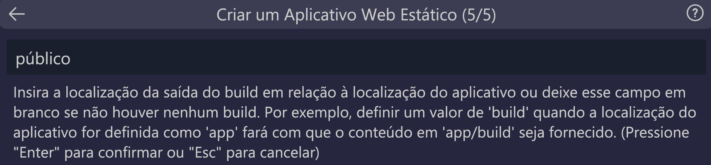 Captura de tela mostrando como inserir o local de saída do build para o Svelte.