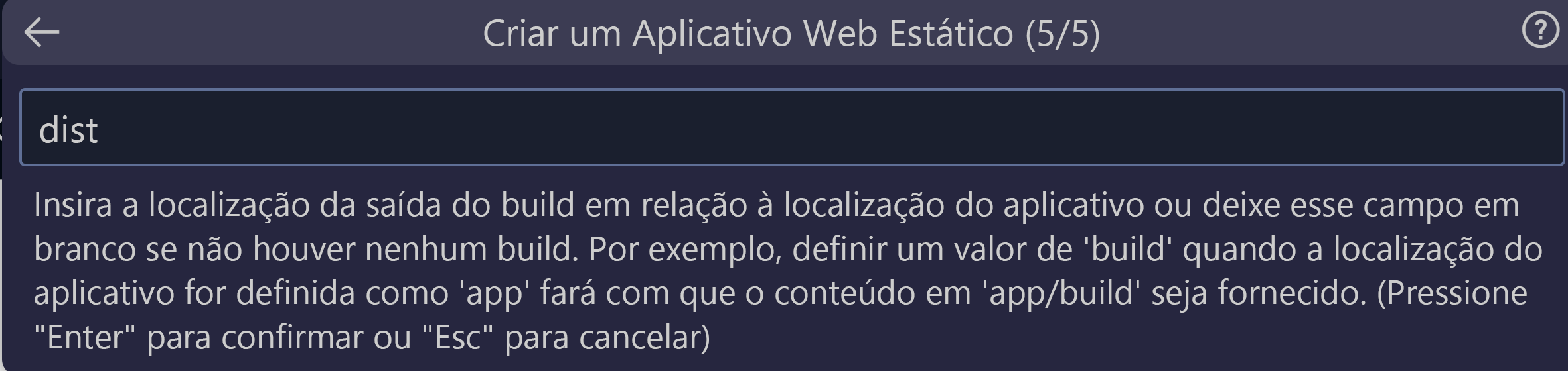 Captura de tela mostrando como inserir o local de saída do build para o Vue