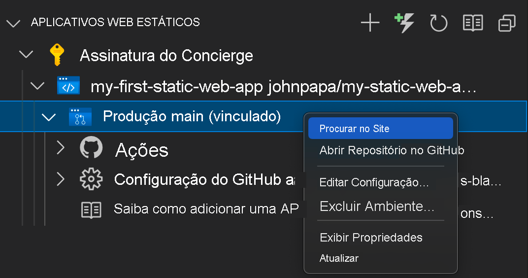 Captura de tela mostrando como navegar até o site do aplicativo Web estático.