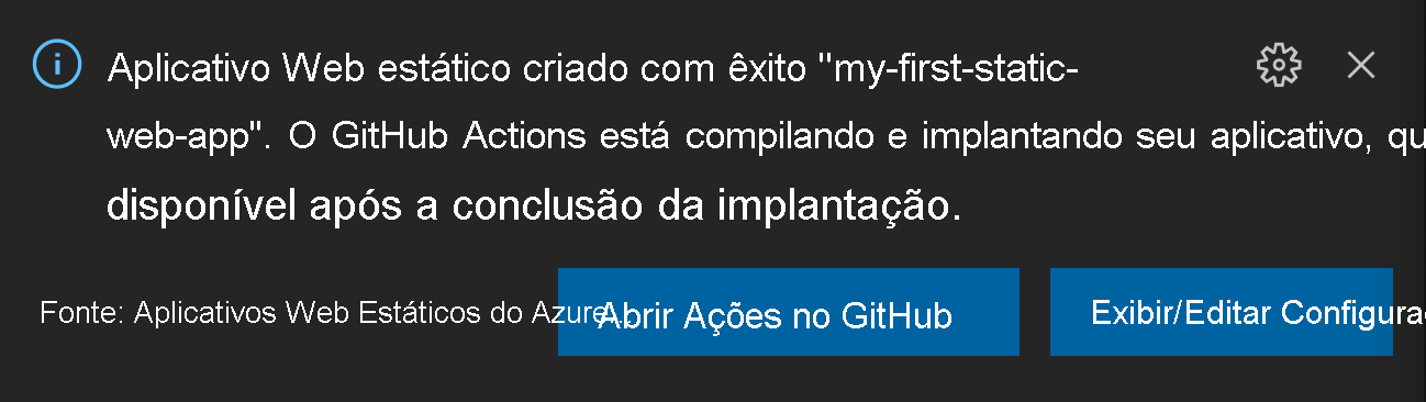 Captura de tela do código de confirmação solicitando que o usuário abra ações no GitHub ou Exibir/Editar Configurar.