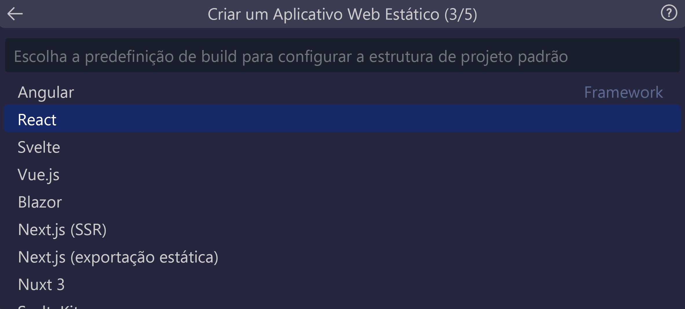 Captura de tela mostrando a opção react selecionada.