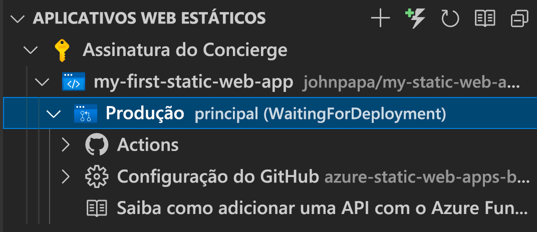 Captura de tela da interface do usuário do VS Code mostrando a espera pela implantação.