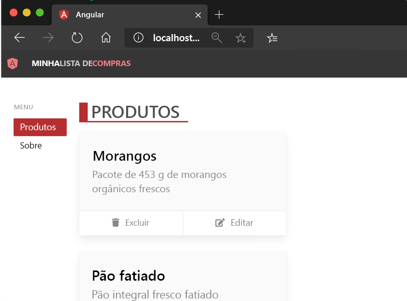 Captura de tela ilustrando o aplicativo de exemplo do Angular.