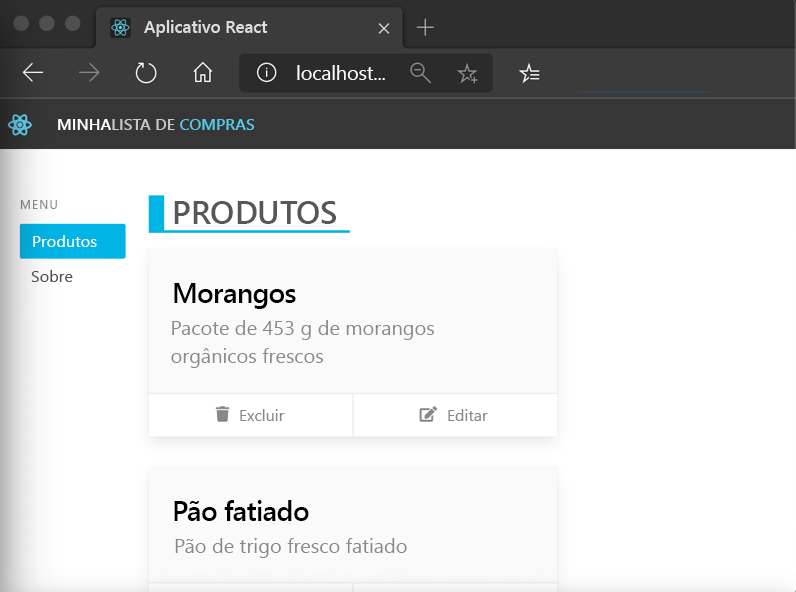 Captura de tela ilustrando o aplicativo de exemplo do React.